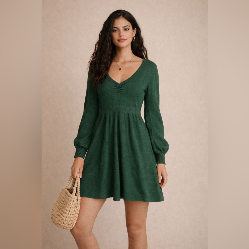 ModCloth Green Sweater Dress Long Sleeve Fit & Flare Boho Cottagecore Large
